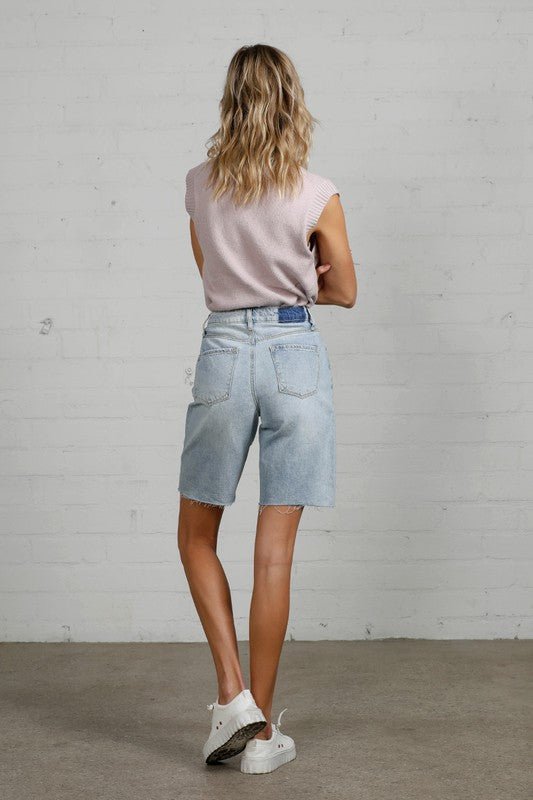 HIGH RISE BOTTOM HEM DISTRESSED BERMUDA SHORTS - Too Dimes Boutique