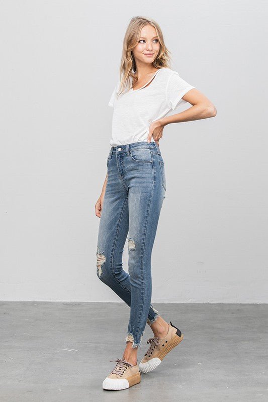 Distressed Raw Hem Skinny Jeans - Too Dimes Boutique
