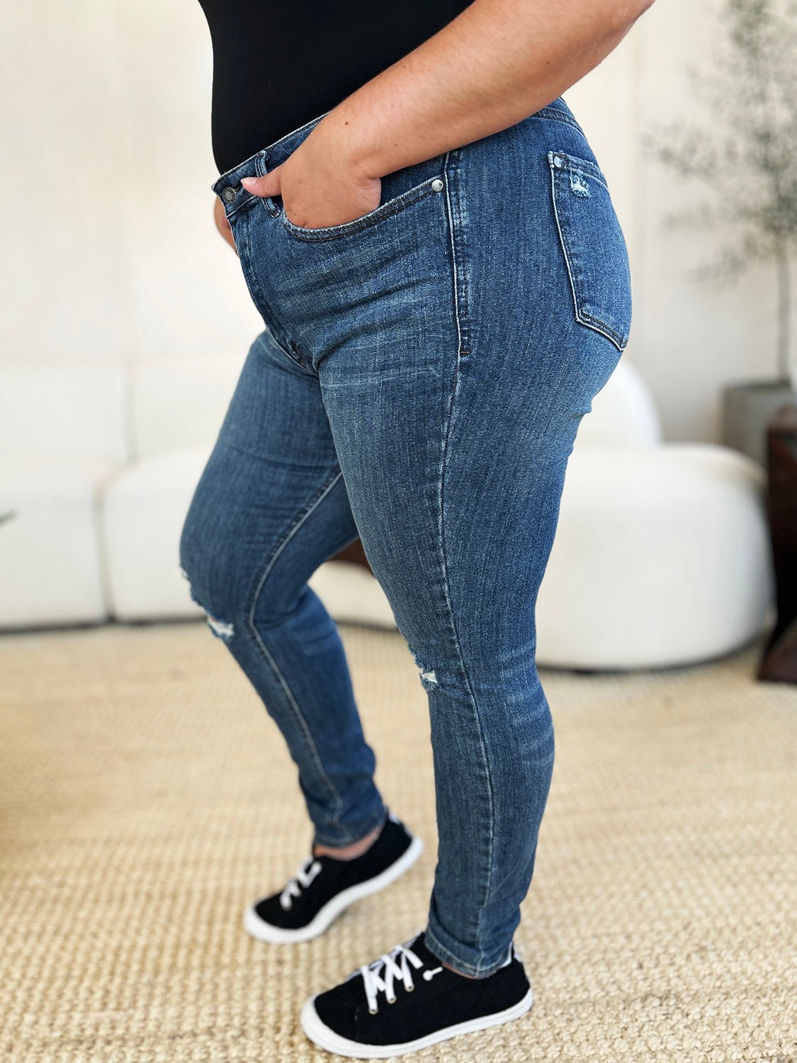 Judy Blue Full Size Mid Waist Distressed Slim Jeans - Too Dimes Boutique
