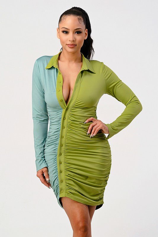 Two tone ruched button up dress - Too Dimes Boutique