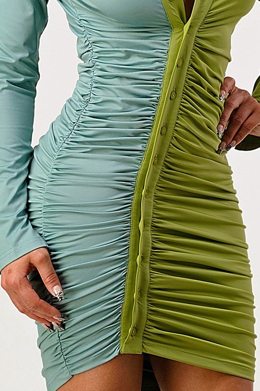 Two tone ruched button up dress - Too Dimes Boutique