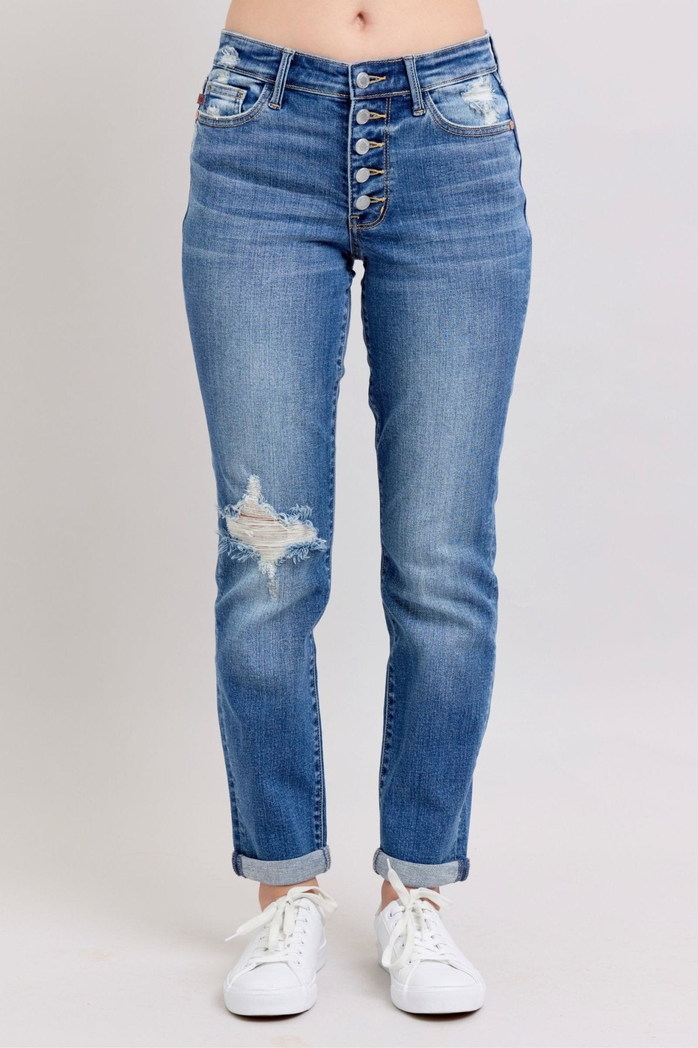 Judy Blue Full Size Button Fly Distressed Jeans with Pockets Plus Size - Too Dimes Boutique