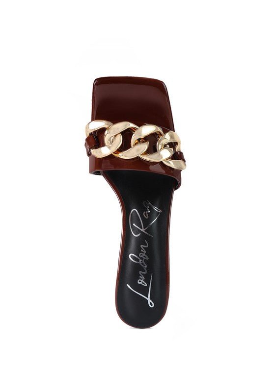 PLAYDOLL METAL CHAIN DETAIL BLOCK HEEL SANDAL - Too Dimes Boutique