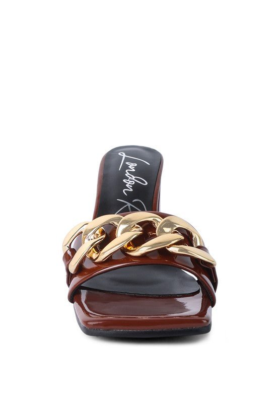 PLAYDOLL METAL CHAIN DETAIL BLOCK HEEL SANDAL - Too Dimes Boutique