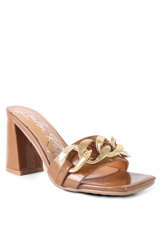 PLAYDOLL METAL CHAIN DETAIL BLOCK HEEL SANDAL - Too Dimes Boutique