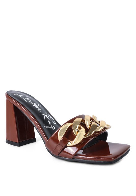 PLAYDOLL METAL CHAIN DETAIL BLOCK HEEL SANDAL - Too Dimes Boutique