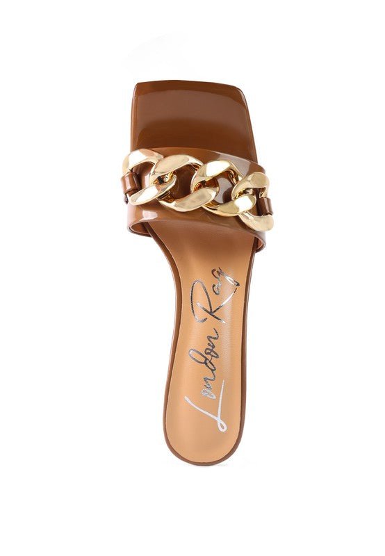 PLAYDOLL METAL CHAIN DETAIL BLOCK HEEL SANDAL - Too Dimes Boutique