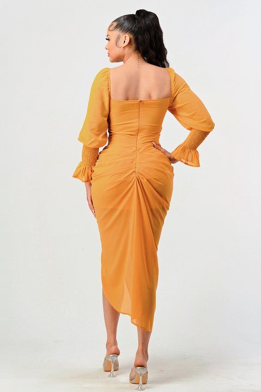 Summer solid yellow long sleeve chiffon dress - Too Dimes Boutique