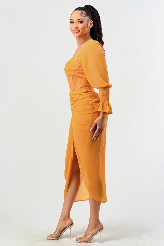 Summer solid yellow long sleeve chiffon dress - Too Dimes Boutique