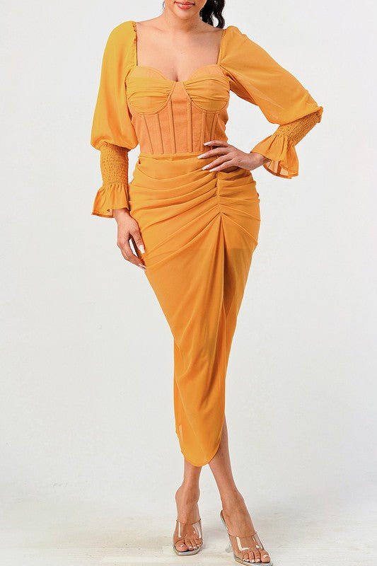 Summer solid yellow long sleeve chiffon dress - Too Dimes Boutique