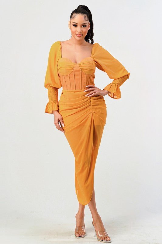 Summer solid yellow long sleeve chiffon dress - Too Dimes Boutique