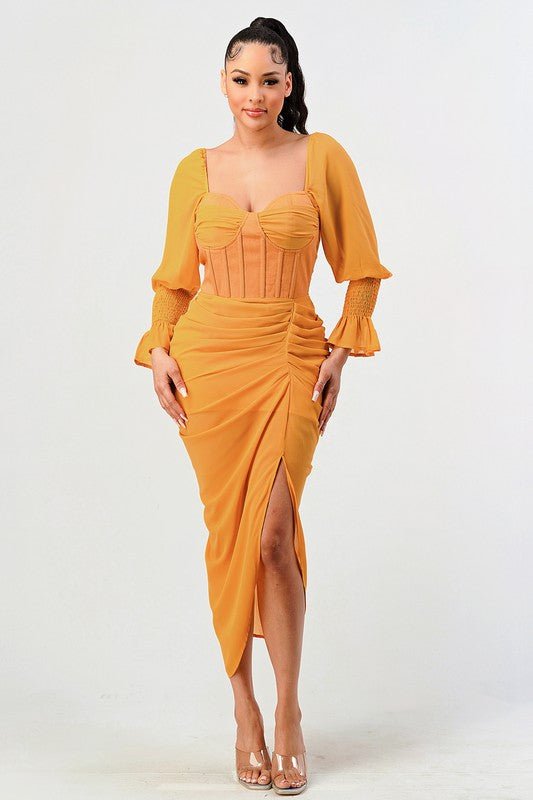 Summer solid yellow long sleeve chiffon dress - Too Dimes Boutique