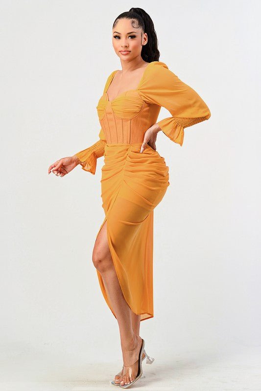 Summer solid yellow long sleeve chiffon dress - Too Dimes Boutique