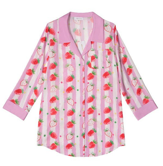 PINK STRAWBERRY STRIPED SLEEP SHIRT - Too Dimes Boutique