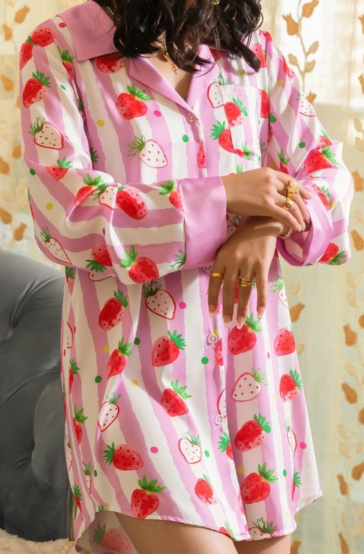 PINK STRAWBERRY STRIPED SLEEP SHIRT - Too Dimes Boutique