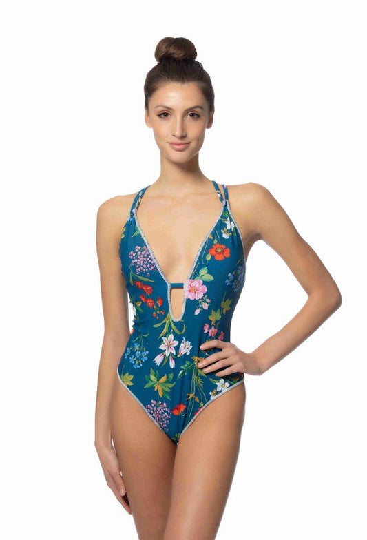 BLUE FLORAL ONE PIECE SWIMSUIT W/STITCHING DETAILS - Too Dimes Boutique