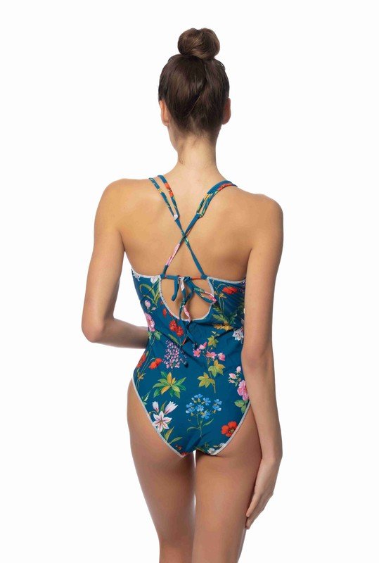 BLUE FLORAL ONE PIECE SWIMSUIT W/STITCHING DETAILS - Too Dimes Boutique
