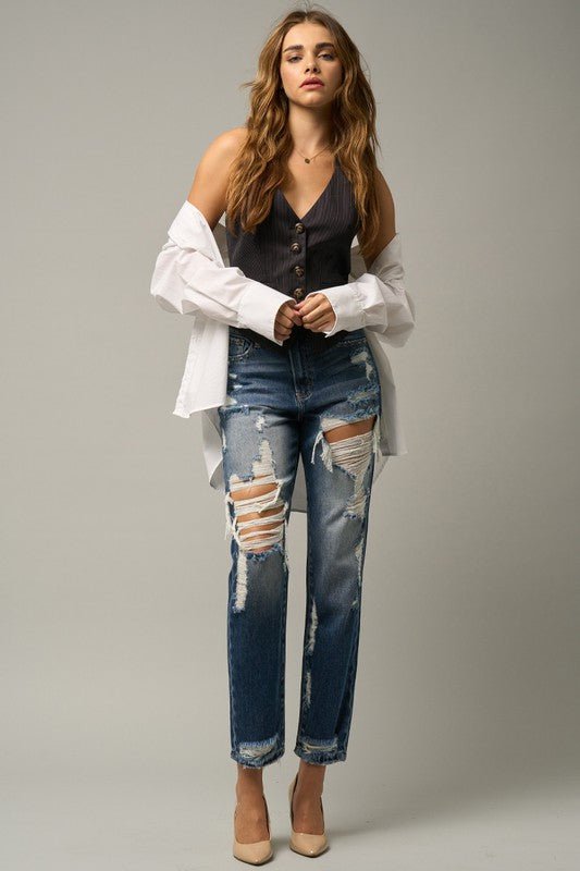 HIGH WAIST STRAIGHT HAVEY DESTROYED JEANS - Too Dimes Boutique