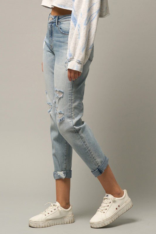 Distressed Girlfriend Jeans - Too Dimes Boutique