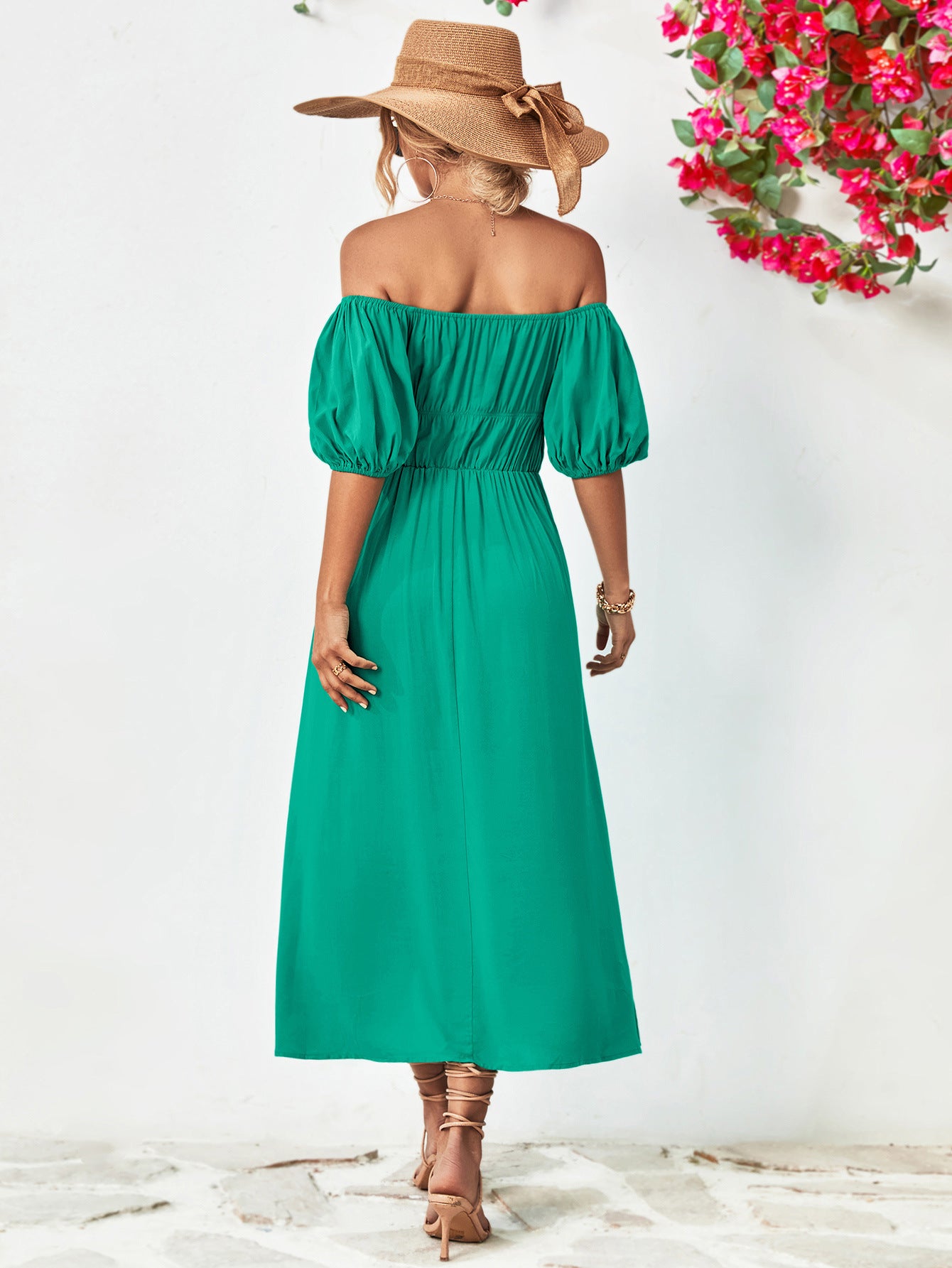 Off - Shoulder Balloon Sleeve Midi Dress - Too Dimes Boutique