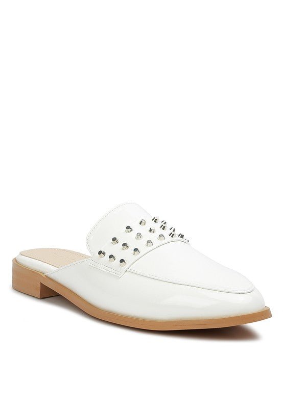 YASHTA Patent Studded Flat Mules - Too Dimes Boutique