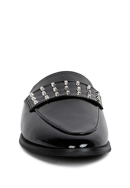 YASHTA Patent Studded Flat Mules - Too Dimes Boutique