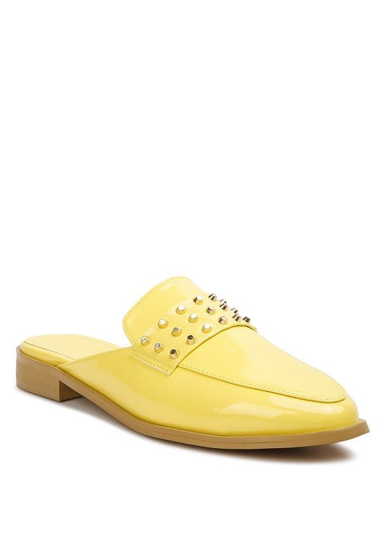 YASHTA Patent Studded Flat Mules - Too Dimes Boutique