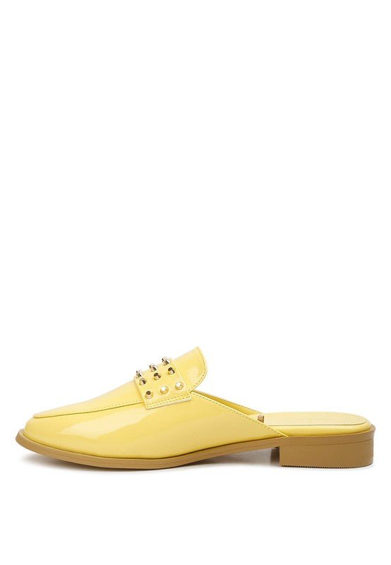 YASHTA Patent Studded Flat Mules - Too Dimes Boutique