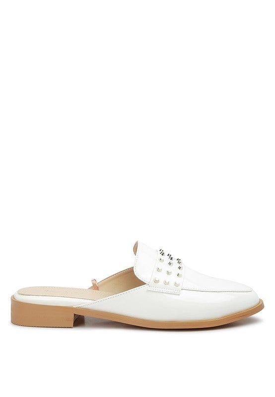 YASHTA Patent Studded Flat Mules - Too Dimes Boutique