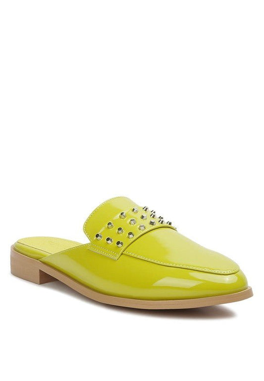 YASHTA Patent Studded Flat Mules - Too Dimes Boutique