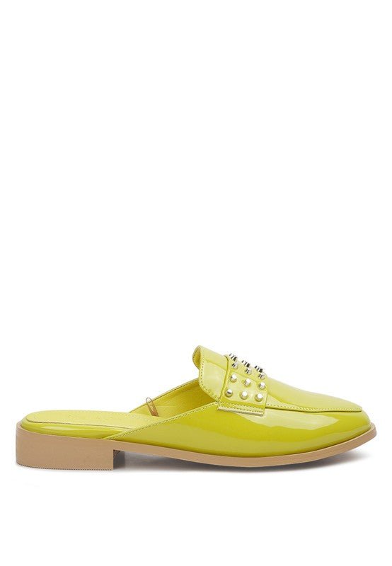 YASHTA Patent Studded Flat Mules - Too Dimes Boutique