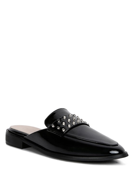 YASHTA Patent Studded Flat Mules - Too Dimes Boutique