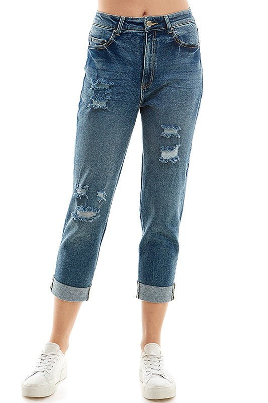 ROOL - UP DISTRESSED HIGH RISE STRETCH MOM JEANS - Too Dimes Boutique