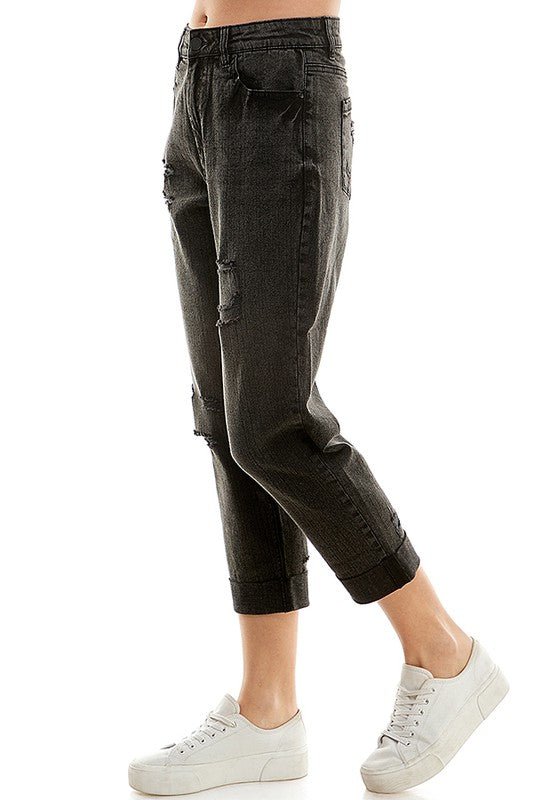 ROOL - UP DISTRESSED HIGH RISE STRETCH MOM JEANS - Too Dimes Boutique