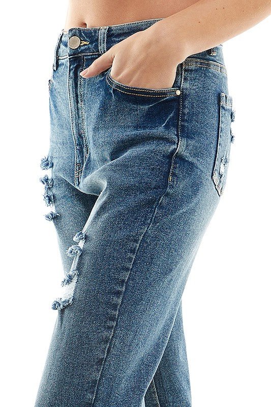 ROOL - UP DISTRESSED HIGH RISE STRETCH MOM JEANS - Too Dimes Boutique