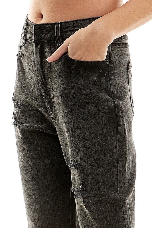 ROOL - UP DISTRESSED HIGH RISE STRETCH MOM JEANS - Too Dimes Boutique
