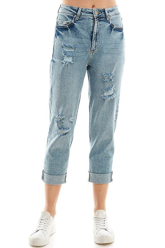ROOL - UP DISTRESSED HIGH RISE STRETCH MOM JEANS - Too Dimes Boutique