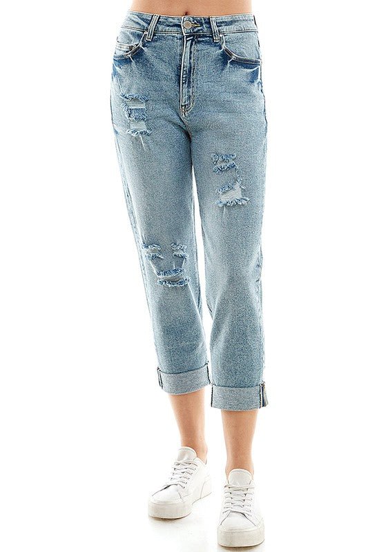 ROOL - UP DISTRESSED HIGH RISE STRETCH MOM JEANS - Too Dimes Boutique