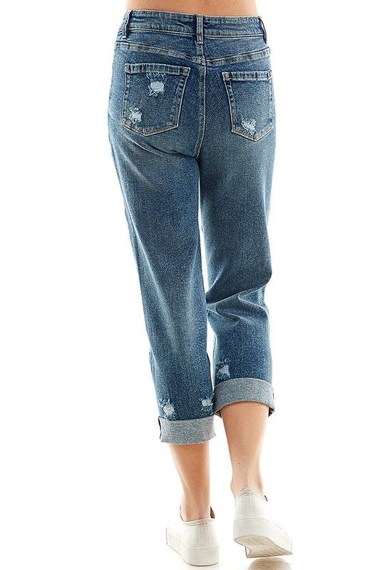 ROOL - UP DISTRESSED HIGH RISE STRETCH MOM JEANS - Too Dimes Boutique