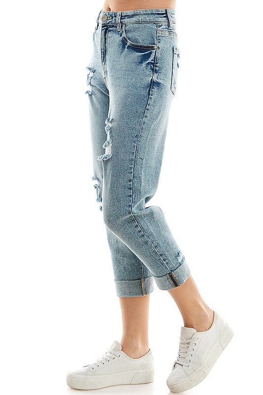 ROOL - UP DISTRESSED HIGH RISE STRETCH MOM JEANS - Too Dimes Boutique