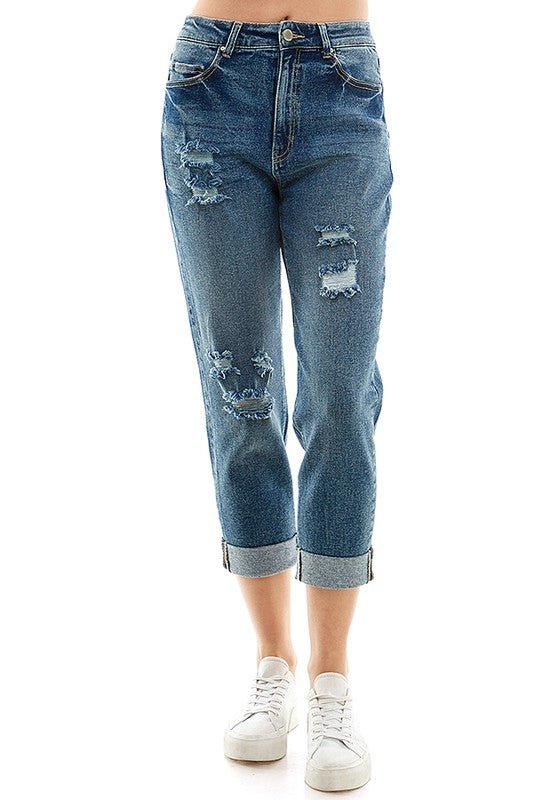 ROOL - UP DISTRESSED HIGH RISE STRETCH MOM JEANS - Too Dimes Boutique