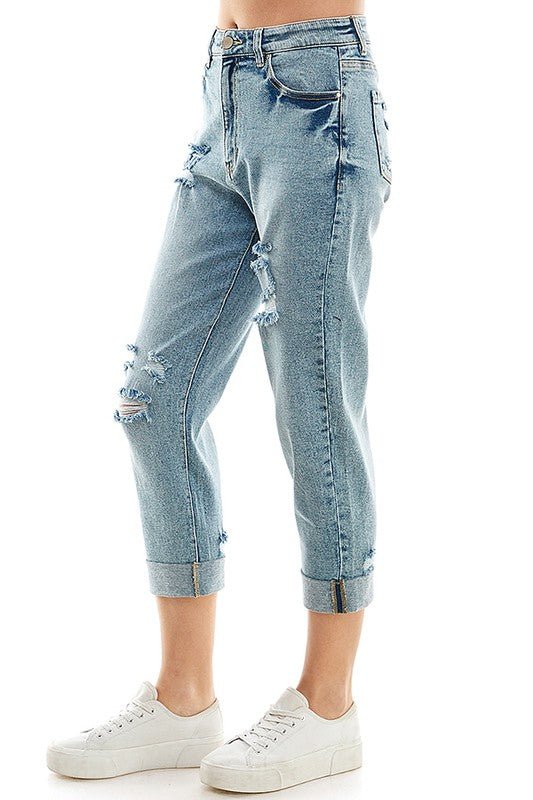 ROOL - UP DISTRESSED HIGH RISE STRETCH MOM JEANS - Too Dimes Boutique