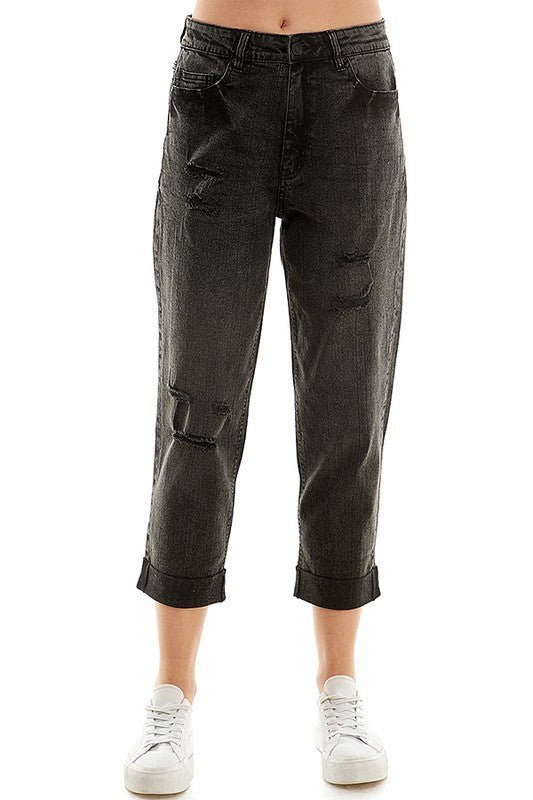 ROOL - UP DISTRESSED HIGH RISE STRETCH MOM JEANS - Too Dimes Boutique