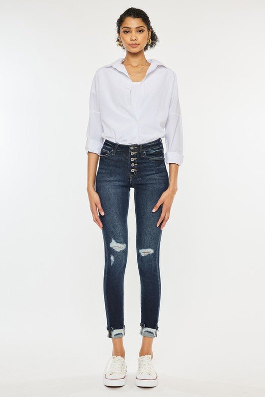 High Rise Button Down Cuffed Ankle Skinny Jeans - Too Dimes Boutique