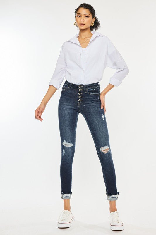 High Rise Button Down Cuffed Ankle Skinny Jeans - Too Dimes Boutique