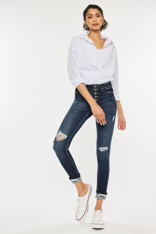 High Rise Button Down Cuffed Ankle Skinny Jeans - Too Dimes Boutique
