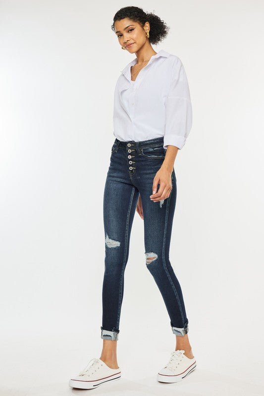 High Rise Button Down Cuffed Ankle Skinny Jeans - Too Dimes Boutique