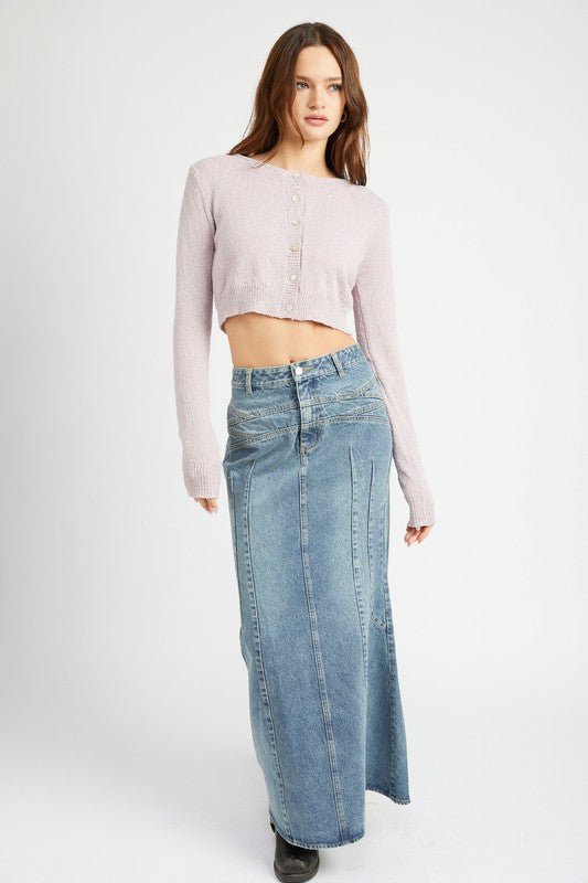 FLUTED DENIM MAXI SKIRT - Too Dimes Boutique
