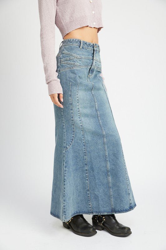 FLUTED DENIM MAXI SKIRT - Too Dimes Boutique