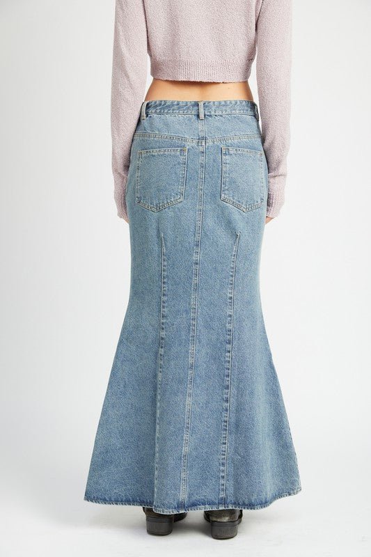 FLUTED DENIM MAXI SKIRT - Too Dimes Boutique